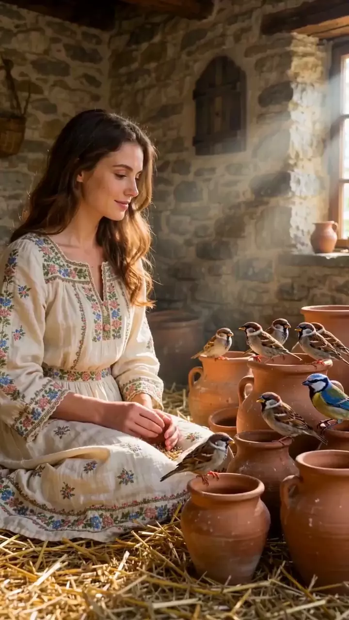 Prévia de Woman Feeding Birds In Sunlit Room
